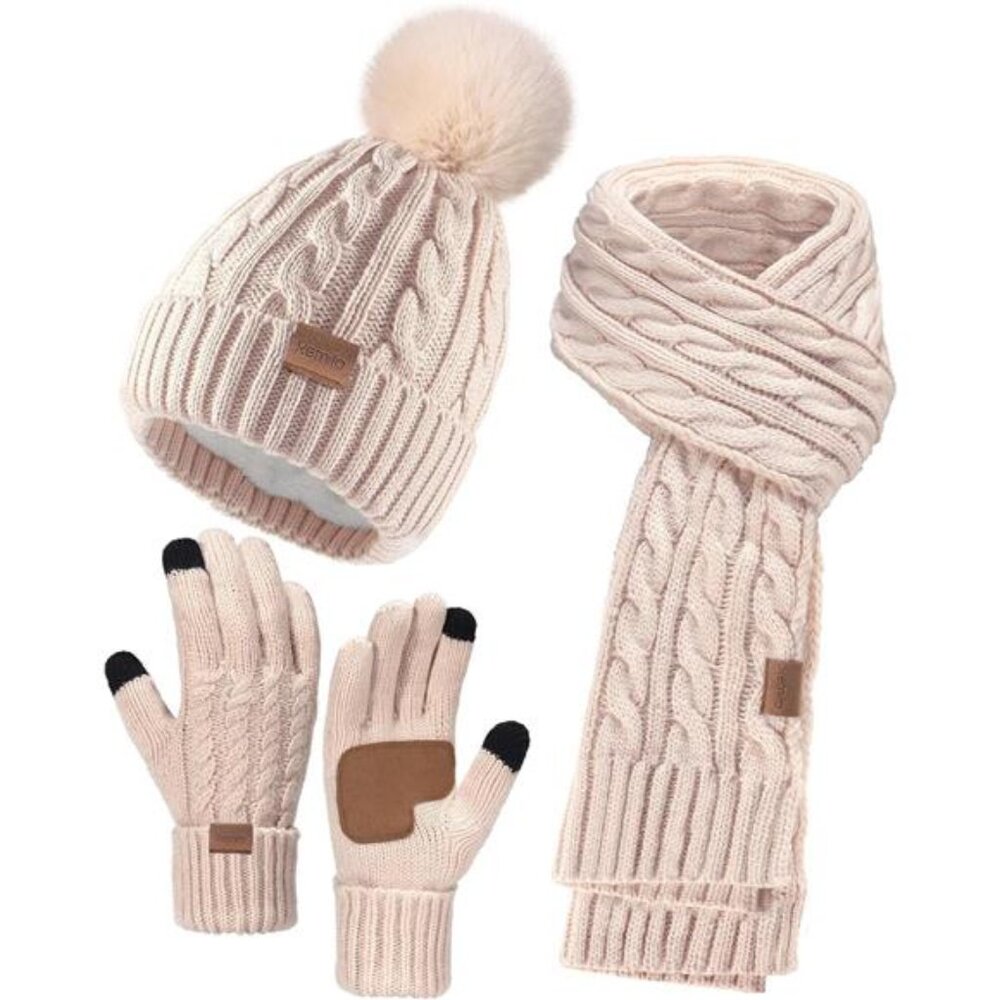 Remifa Winter Beanie Hat Scarf Gloves Set for Women, 3 PCS Pom Pom Hat